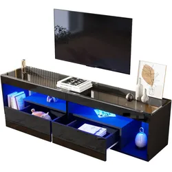 Hochglanz-TV-Schrank 180x40x46, für 70 Zoll, 2 Schubladen, LED-Beleuchtung mit 16 Farben, gehärtetes Glas, geräumiger Stauraum, Schwarz
