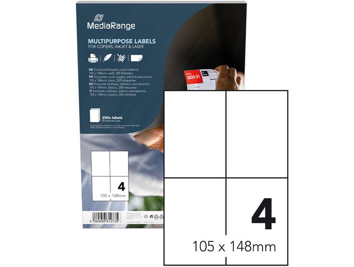Universal-Klebe-Etiketten, stark haftend, 105 x 148 mm, 50 Blatt / 200 Etiketten, weiss