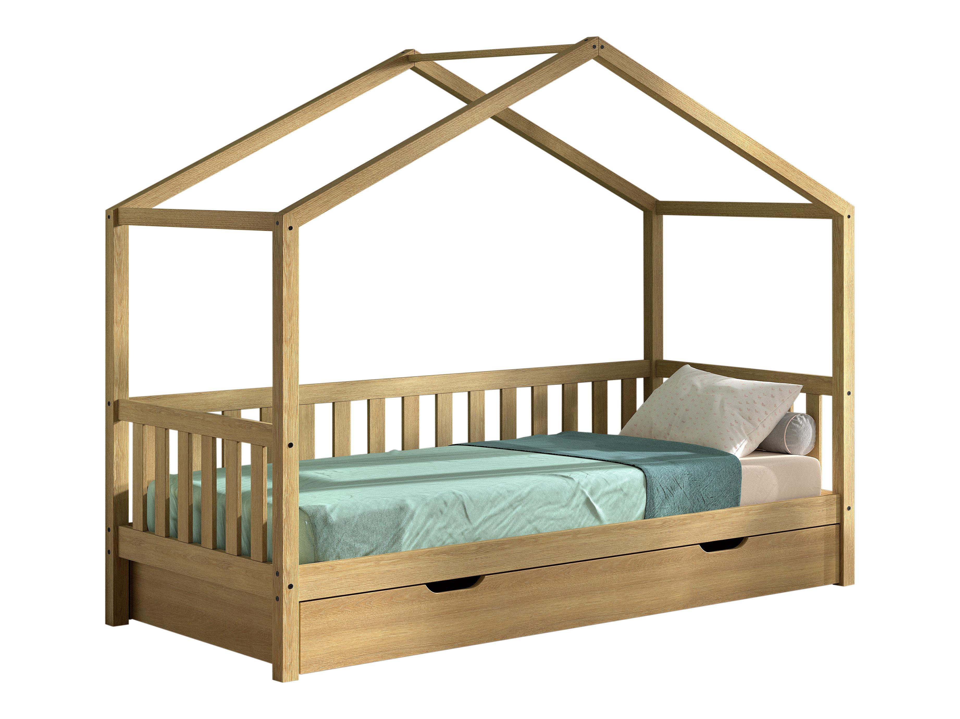VIPACK - Dallas 1 Hausbett mit seitlicher Umrandung 90x200cm Liegefläche und Bettschublade, Eiche Natur