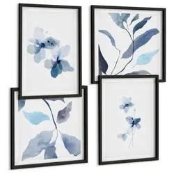 BILDER SET 4er Set - 50x50 cm & 40x60 cm Schwarzer Rahmen - Minimalistische blaue Blumen