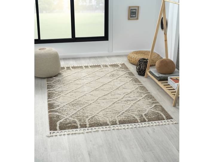 Teppich Enya 1, LAGERRÄUMUNG , beige (hellbeige, hellgrau), B:140cm H:15mm L:200cm, Polyester, MYFLAIR MÖBEL & ACCESSOIRES, Teppiche, Teppich, Shaggy im Skandi Look, Hoch-Tief Effekt, leicht glänzend