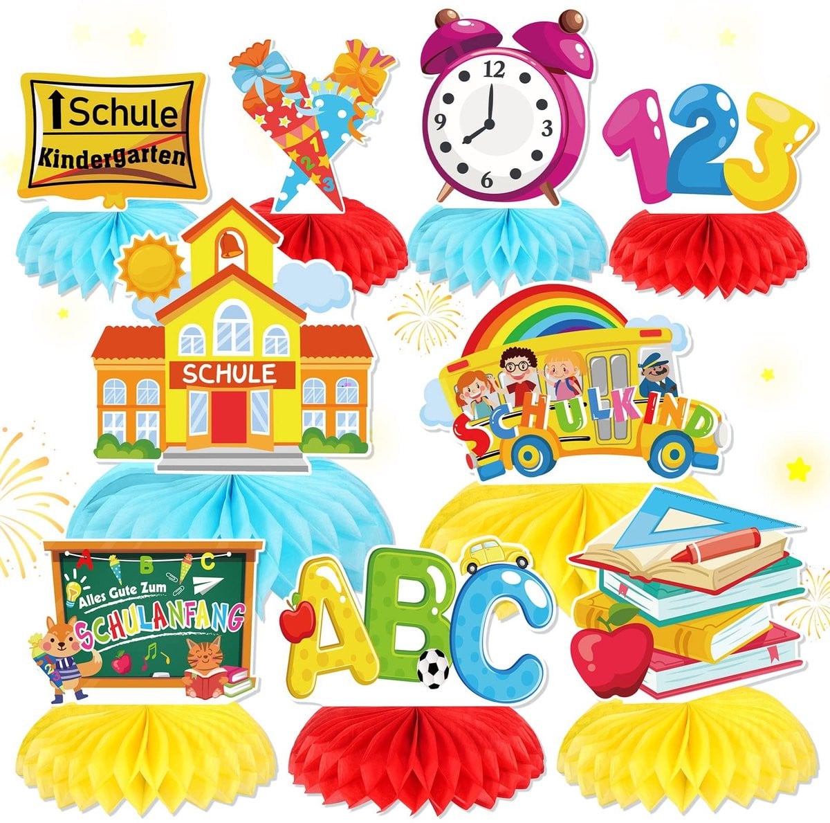 Set van 9 honingraat tafelopzetstukken voor schoolfeest decoratie