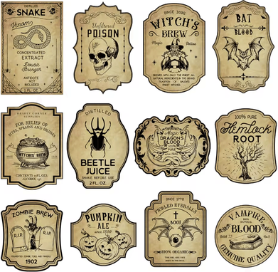 Inspire Curations 24PCS Vintage Halloween Wine Bottle Labels Gothic Witch Potion Stickers mix Style 12pcs