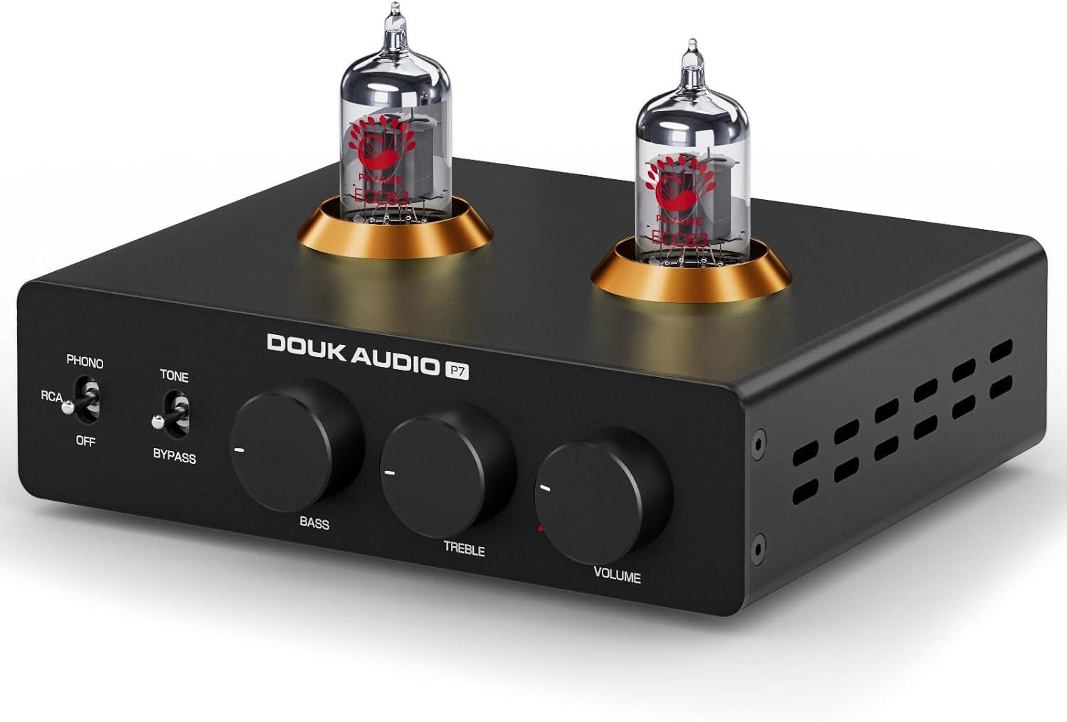 Douk Audio P7 Phono Voorversterker met ECC83 Buizen, Gebalanceerde XLR Uitgang, Hoogdoorlaatfilter en Bas & Hoogteregelaar