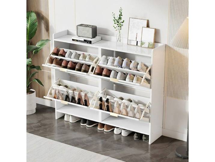 Meuble à chaussures - VVBV - Design Arqué - 4 abattants - Blanc - 110x90x24 cm