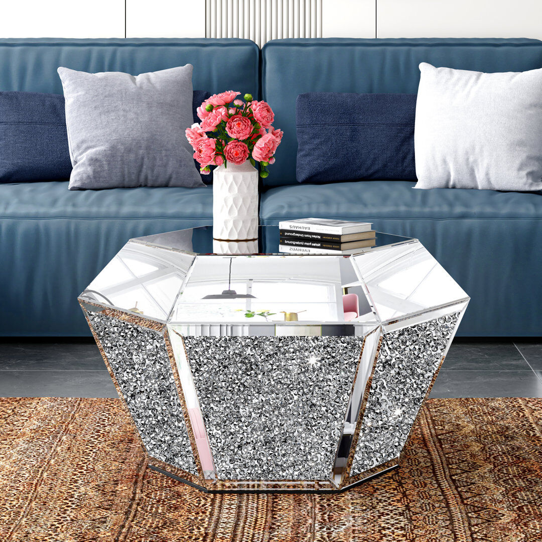 Blue Elephant Amla Glass Coffee Table 80cm Wide Mirrored Top Silver 45.7cm H X 81.3cm W X 61cm D