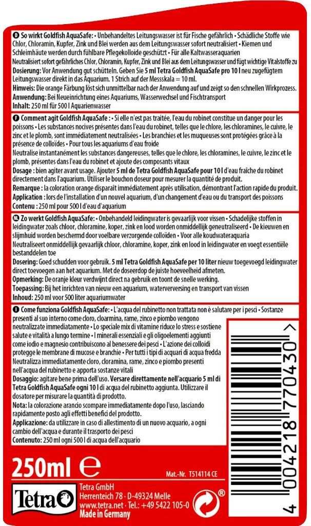 250 ml Tetra Goldfish AquaSafe Biocondizionatore Elimina Cloro Cloramina Rame Zinco Piombo con Vitamine e Oligoelementi per Pesci Rossi d'Acquario