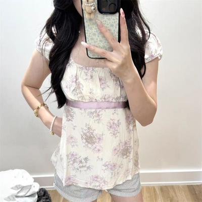 Lush Living Finds Floral Lace Up Backless Top Vintage Square Neck Summer Blouse For Women purple Floral l
