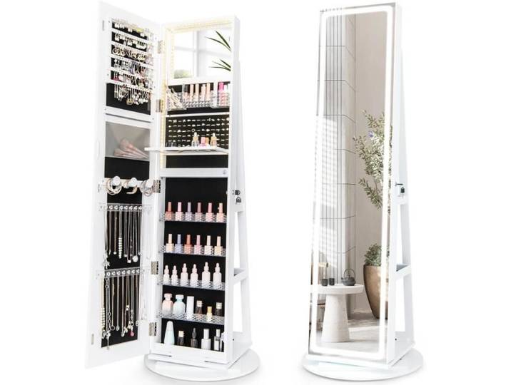COSTWAY Armoire à Bijoux sur Pieds avec LED et Miroir Pivotant 360° Verrouillable 3 Étagères Rangement Beauté Bijoux Blanc