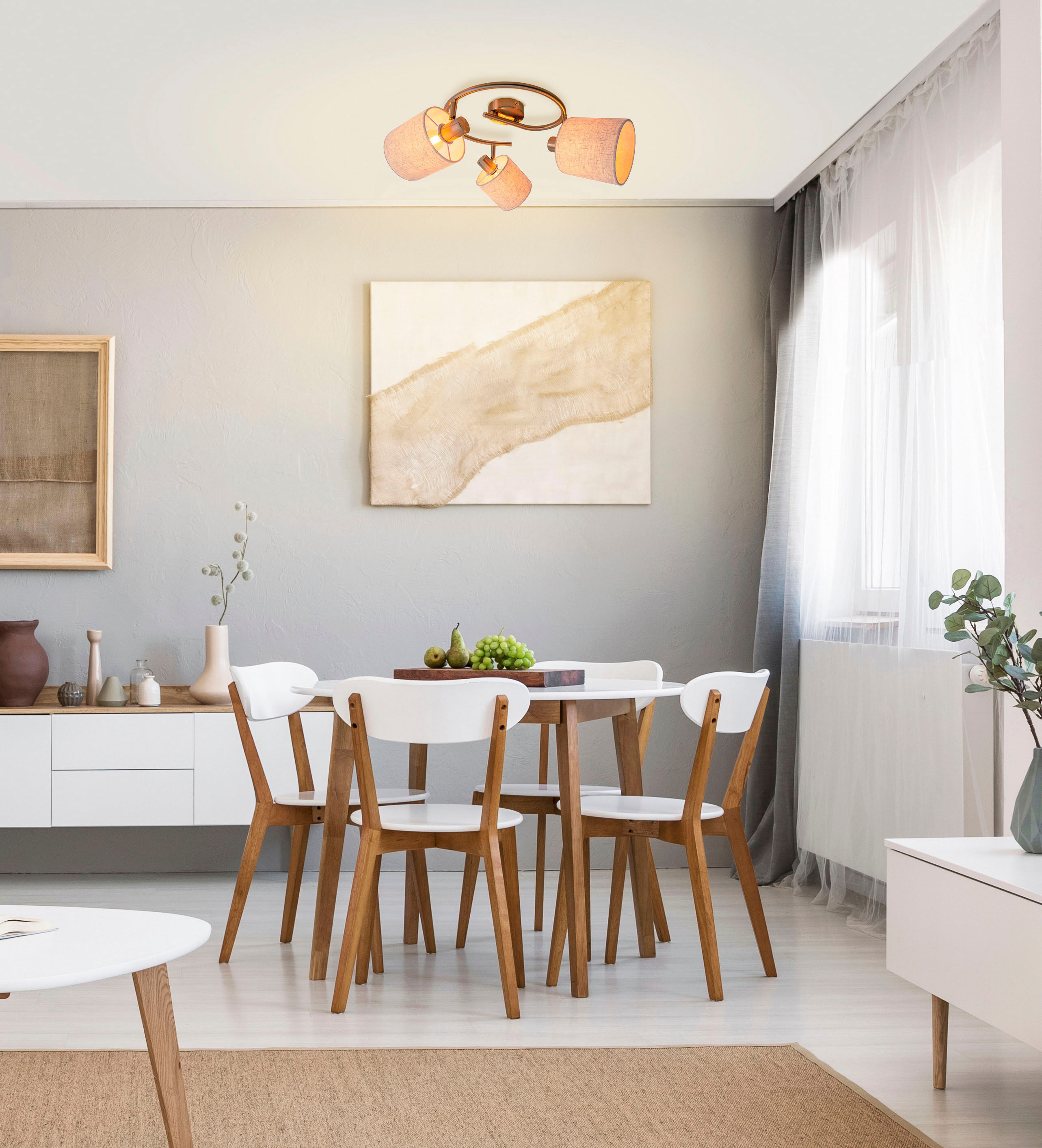 NÄVE Deckenleuchte "Maron", beige (natur), 3, Ø 12cm H: 22cm, 1 Stk., Leuchten, 3er Decken-, Wandleuchte, Rondell, Spot, 3xE14 max. 40W, Metall/Textil, Deckenleuchte