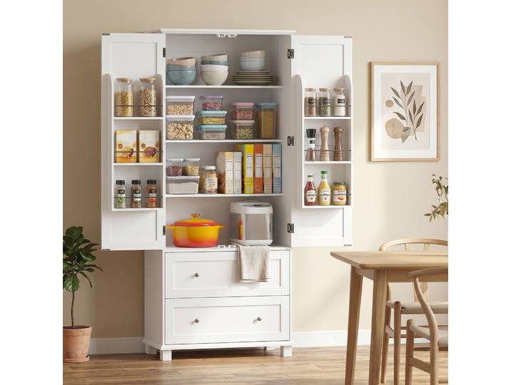 HOMCOM Armoire Cuisine 2 Portes 2 Tiroirs 6 Racks 80x184cm Blanc