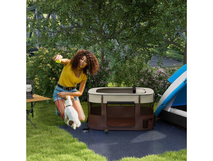 PawHut Parc Pliable Chiots Tissu Oxford avec Fenêtres Marron