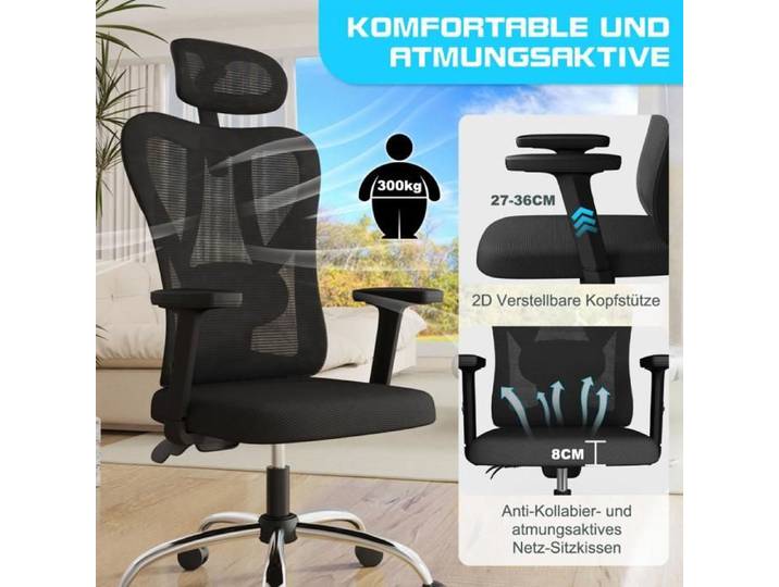 JEOBEST Fauteuil de Direction en Maille Chaise de Bureau Ergonomique Capacité de Charge 150 kg Hauteur Réglable Noir