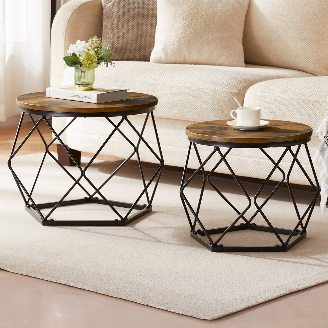 Metro Nest of 2 Geometric Tables, Modern Stylish Living Room Home Furniture Dark Wood 40cm H X 48cm W X 48cm D
