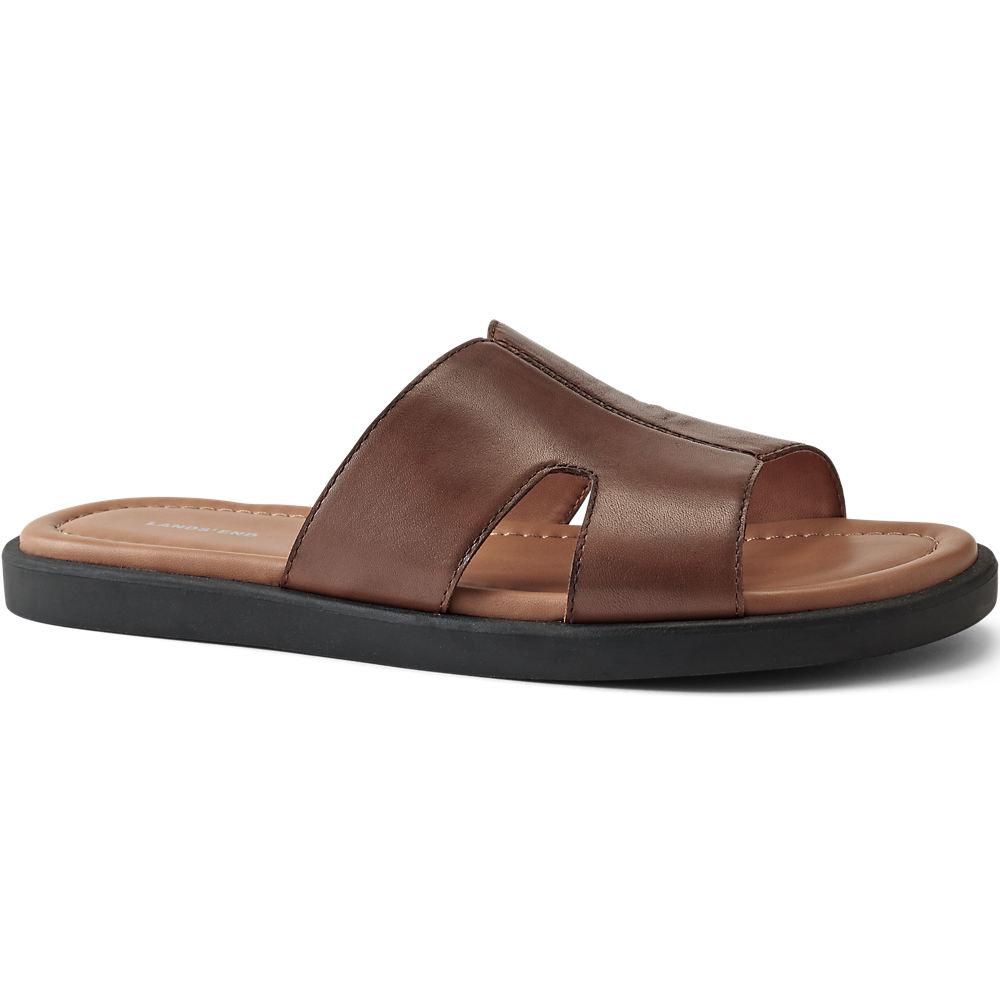 Leder-Pantoletten mit breitem Riemen, Herren, size: regular, Beige, Leder, by Lands' End