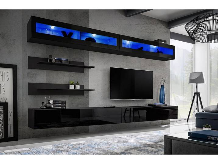 JVmoebel Wohnwand Moderne Wohnkombination aus Holz in elegantem Schwarz, (7-St., Wohnwand + 2x TV Ständer + 2x Wandschrank + 2x Wandregal), Made in Europa