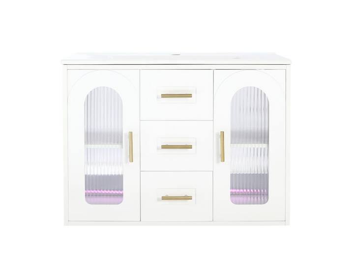 Meuble sous-vasque mural blanc veiné, verre cannelé et éclairage led
