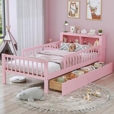Ostweer Twin Size Bed with Headboard Storage Rack, Two Under-Bed Drawers, Three-Side Guardrails for Safety and Security,White