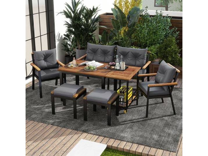 Salon de jardin extérieur bois acacia 6-7 places ensemble table chaises fauteuils chariot repas et housses tissu amovibles