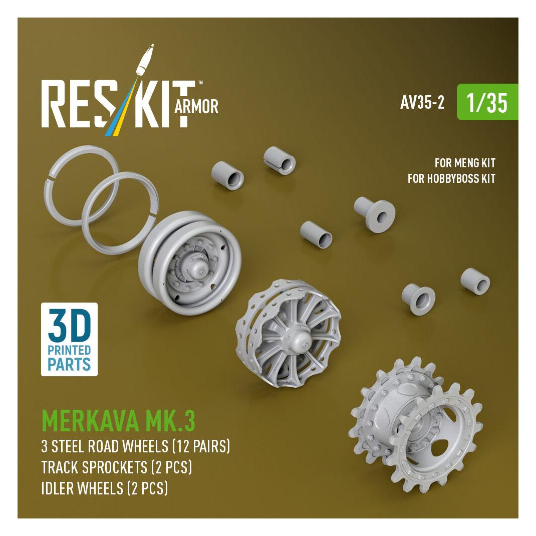 ResKit Merkava Mk.3 steel road wheels (12 pairs), track sprockets (2 pcs), idler wheels (2 pcs) for Meng/Ho (AV35-0002)