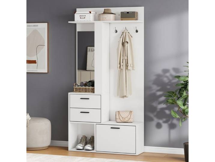 Piaenon Vestiaire Meuble d'entrée 90 x 30 x 180 cm avec miroir chaussures 2 tiroirs 3 patères - Blanc