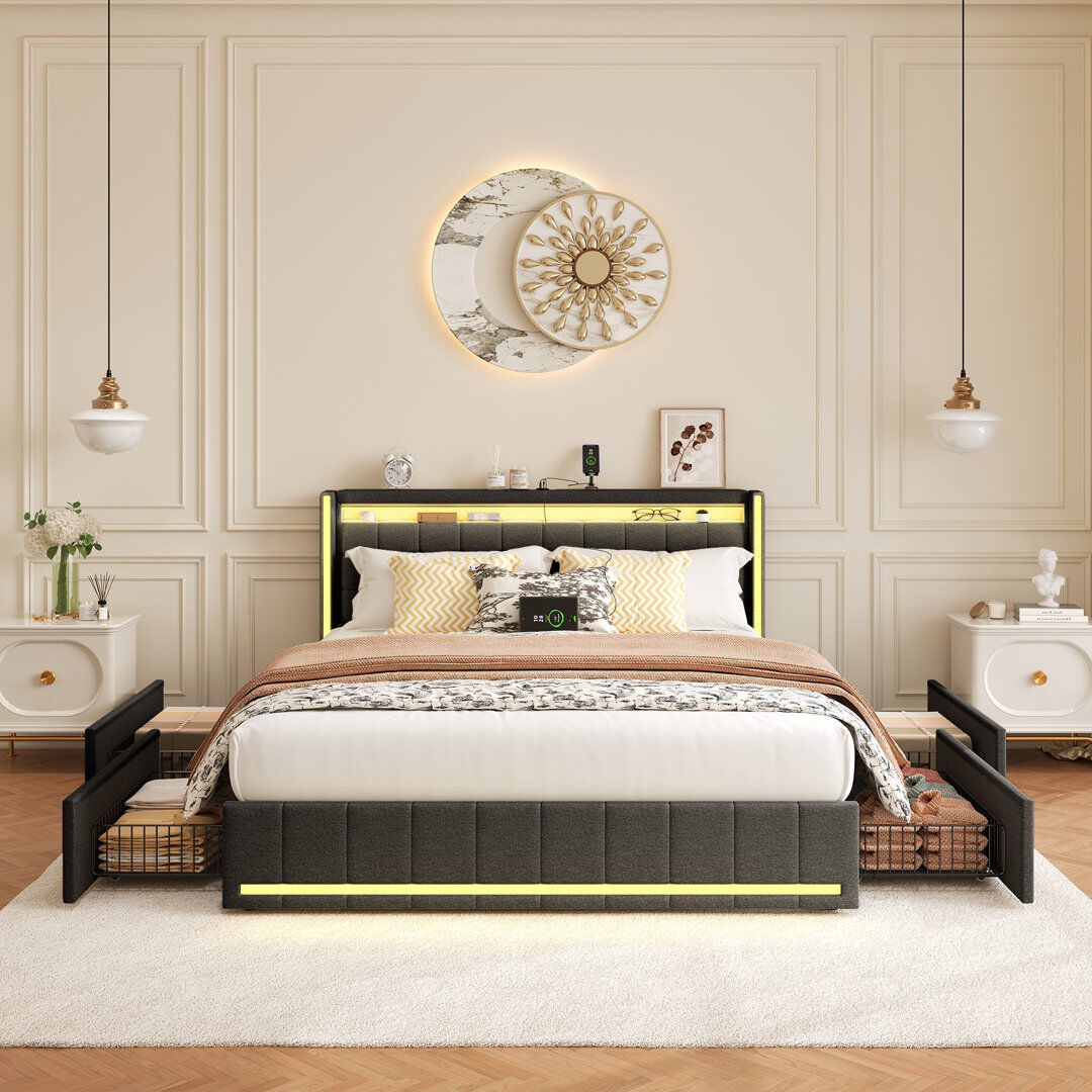 Ivy Bronx Estella Linen Upholstered Bed With LED Lighting And 4 Storage Drawers Grey European Kingsize (160 x 200 cm)