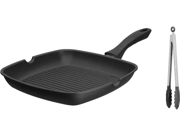 Grillpfanne GSW Grillmeister , schwarz, H:4,4cm Ø:28cm, Pfannen, Grillpfanne, inklusive Servierzange, Induktion