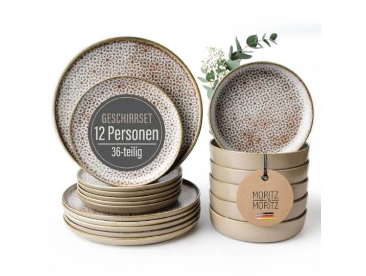 Moritz & Moritz Geschirrset 12 Personen 36-tlg. aus hochwertigem Porzellan - Modernes Tafelservice - Pflegeleichtes Geschirr Set aus je 12x Speiseteller, Dessertteller und Schalen - Serie Alhambra