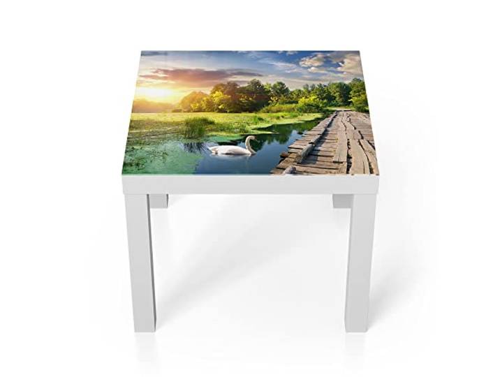 DEQORI Glastisch weiß klein 55x55 cm Motiv Idyllischer See ausgefallener Beistelltisch aus Glas Hochglanz Couchtisch fürs Wohnzimmer moderner Couch Tisch mit Design