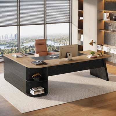 Lee 78.7-Inch L-Shaped Executive Desk with Cabinet and Open Storage Shelves