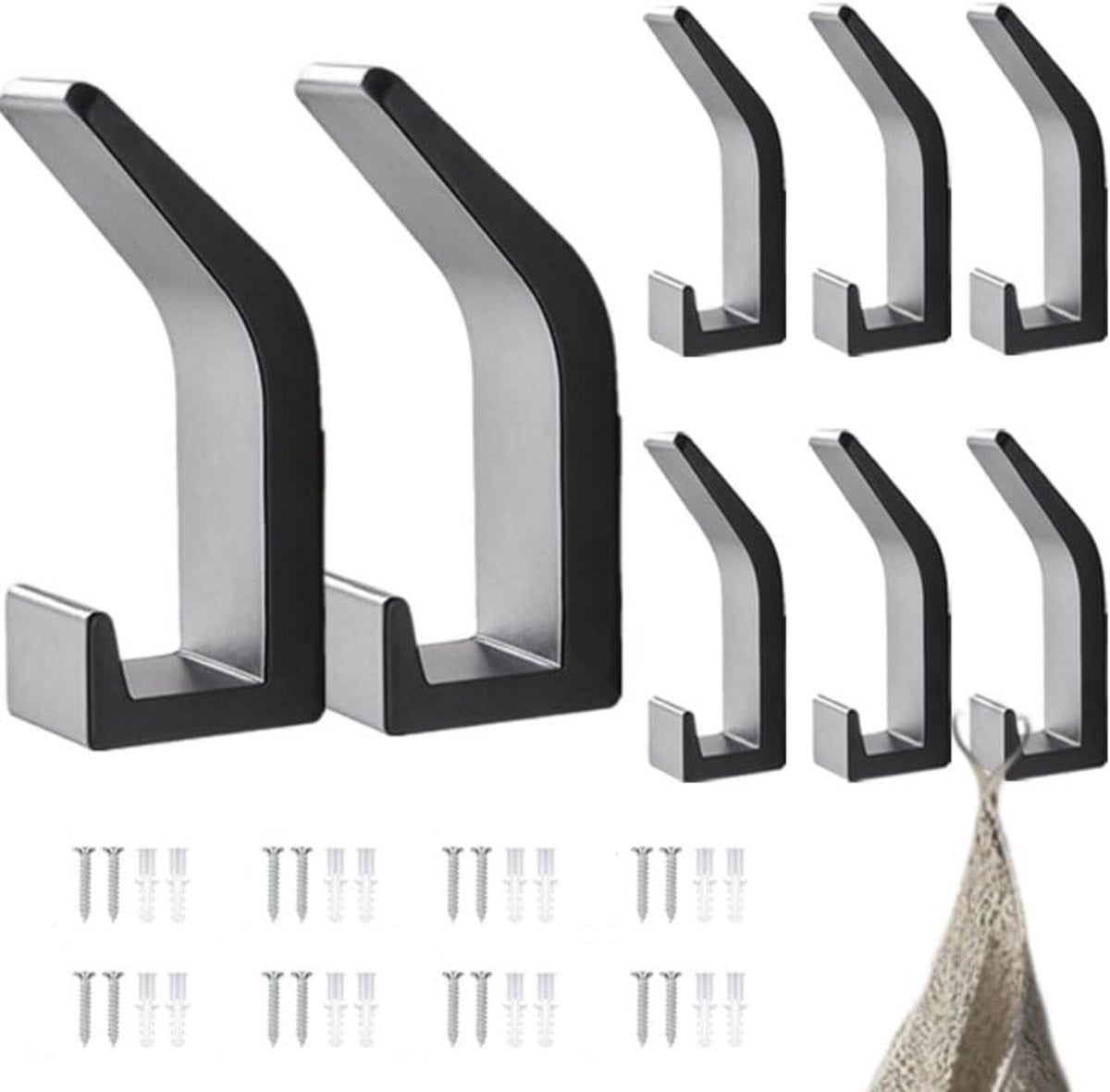 Set van 8 zwarte dubbele wandhaken van RVS, draagkracht 50 kg, voor keuken, badkamer of slaapkamer