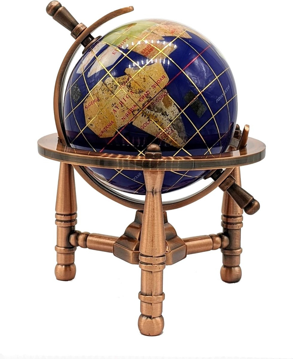 Mini Edelsteen Wereldbol Blauw - Decoratieve Bureau Decoratie van Semi-Precieze Stenen - Diameter: 80 mm