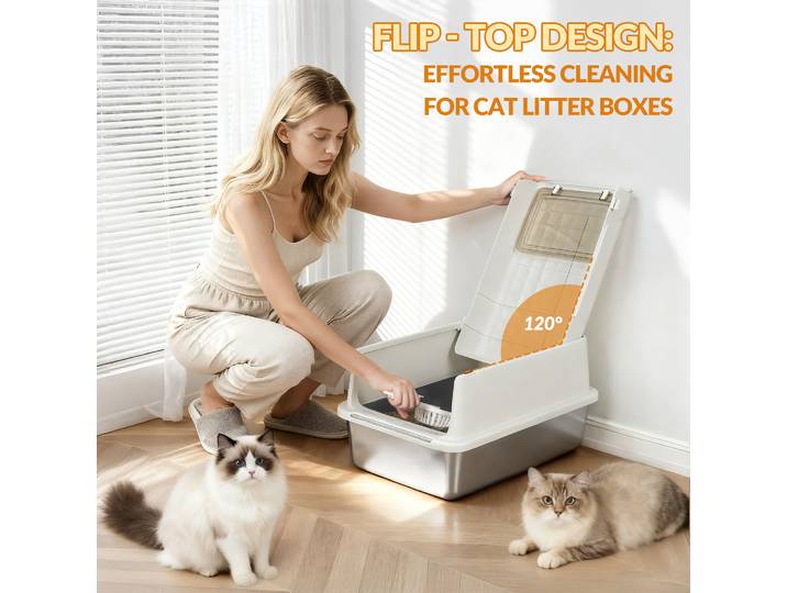 Bac à litière pour chat en acier inoxydable avec couvercle, bac à litière pour chat avec pelle et repose-pieds, 120 ° Couvercle à charnières, facile à nettoyer, gris crème