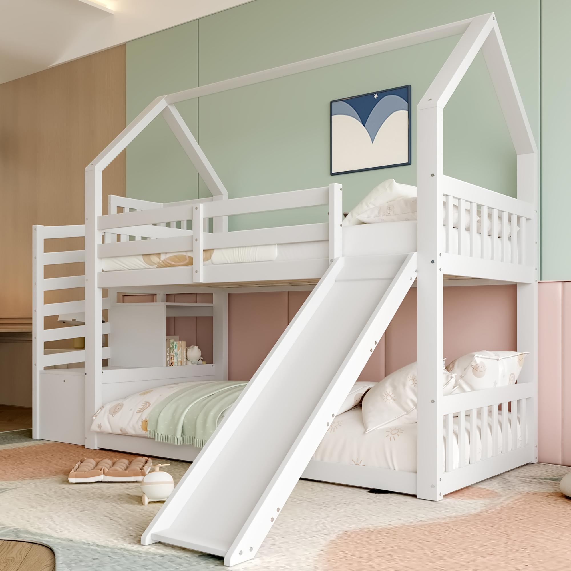 Etagenbett 90x200 cm, Wei?, mit Stauraumtreppe, Rutsche, Hausbett, Gel?nder, ohne Matratze