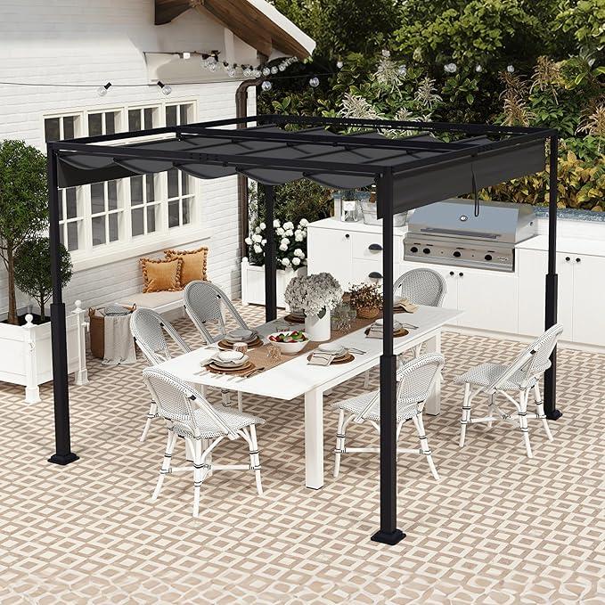 3x3m Outdoor Pergola Stabile Metallrahmen 9m? Gartenpavillon mit Sonnenschutz Schiebedach, 6-8 Personen Freistehend Überdachung Einziehbare Markise für Garten Terrasse & Balkon (Schwarz)