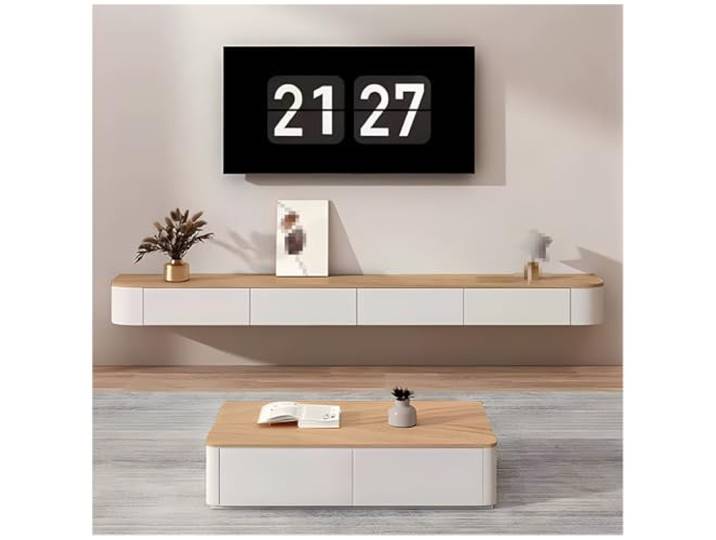 ASKLFNEI 140 cm lang TV-Schrank hängend Holzfarben,Fernsehschrank mit 2 Schubladen und 1 Klappen Türen, an der Wand befestigte Holz-Medienkonsole, TV Lowboard mit Kabelmanagement