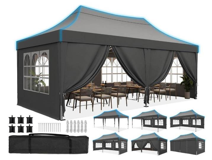 Faltpavillon 3x6m wasserdicht mit Seitenwänden UV-Schutz 50+ Stahlrahmen Grau Spitzdach