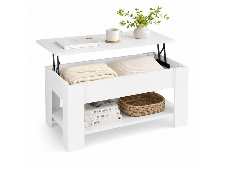 Relaxdays Couchtisch Weiß höhenverstellbar Stauraum 98x50 cm, Metall, Rechteckig, 98x42x50 cm, Wohnzimmer, Wohnzimmertische, Couchtische