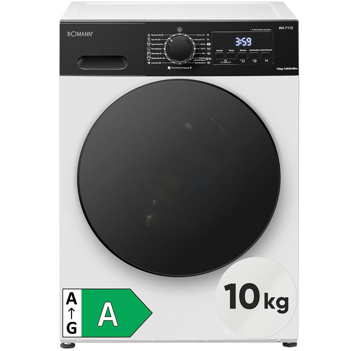 Bomann Waschmaschine 10kg | Invertermotor - effizient, leise & langlebig | max. 1400 U/min | WA 7112 weiß