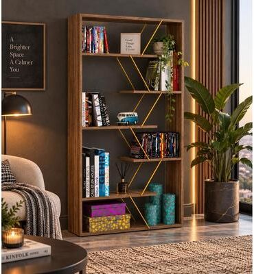 Furnia Modern Wood Bookcase with Open Shelves, Geometric Design Display Bookshelf for Living Room, Bedroom and Home Office