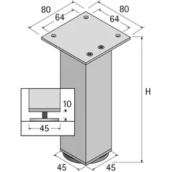 Hettich, Tischbeine + Tischgestell, Möbelfuss Lano SQ 46x46 mm alu eloxiert Höhe 200 mm +15 mm Bodenausgleich