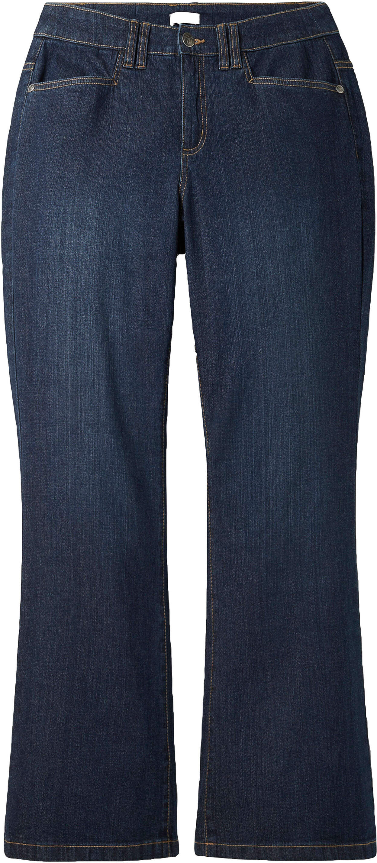 Bootcut-Jeans SHEEGO "Bootcut-Jeans Bootcut-Jeans mit Kontrastnähten", Damen, Gr. 84, L-Gr, blau (dunkelblau denim), Denim/Jeans, , Modisch, bootcut fit, Jeans Bootcut-Jeans, mit Kontrastnähten