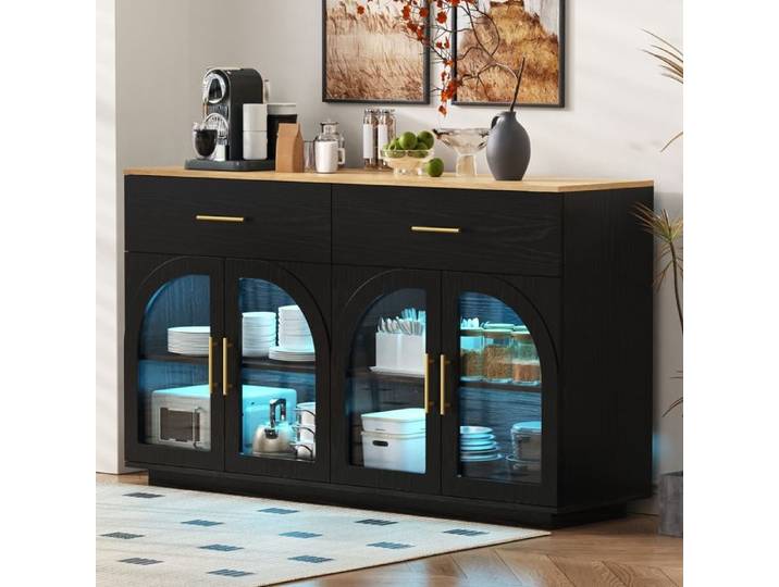 Buffet-147 cm Meuble Cuisine-Buffet Salle a Manger avec 2 Tiroirs 4 Portes-Meuble de Rangement pour Salon-Noir