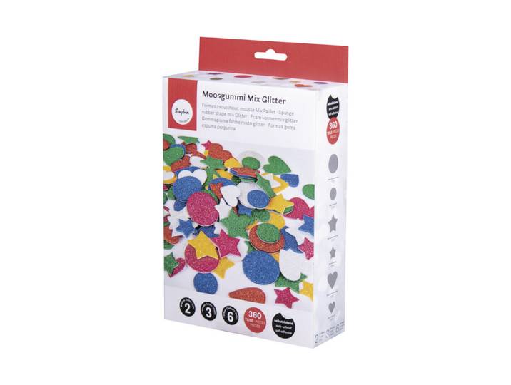 Rayher Moosgummi Mix Glitter Selbstklebend ⌀ 2+3 cm 3 Formen 6 Farben 360 Stück