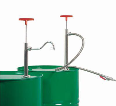 Fasspumpe, 0,35 l/Hub, Edelstahl, Eintauchtiefe 570 mm, 1,2 m PVC-Schlauch und Absperrhahn, für entzündbare Flüssigkeiten