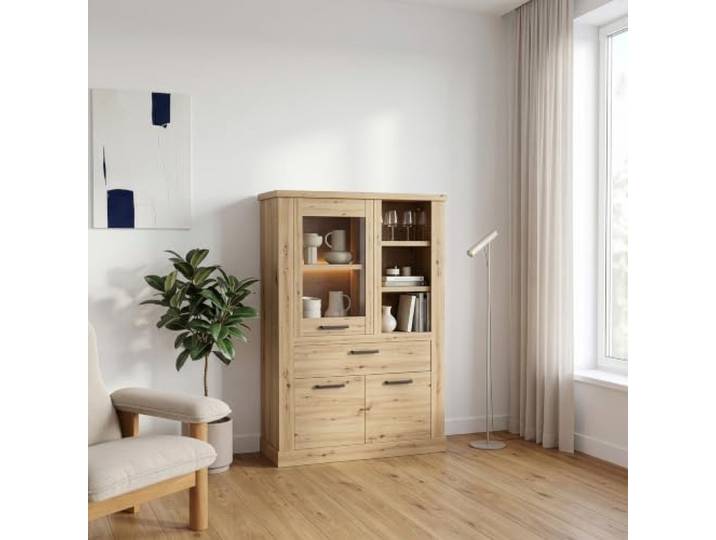 Forte Corona Highboardvitrine 100 110, klassisches Highboard, 3-türig, 1 Schublade, offene Fächer, Wohnzimmer, Holzwerkstoff, Artisan Eiche Holzdekor, 109,8 cm breit x 160,3 cm hoch x 41,3 cm tief
