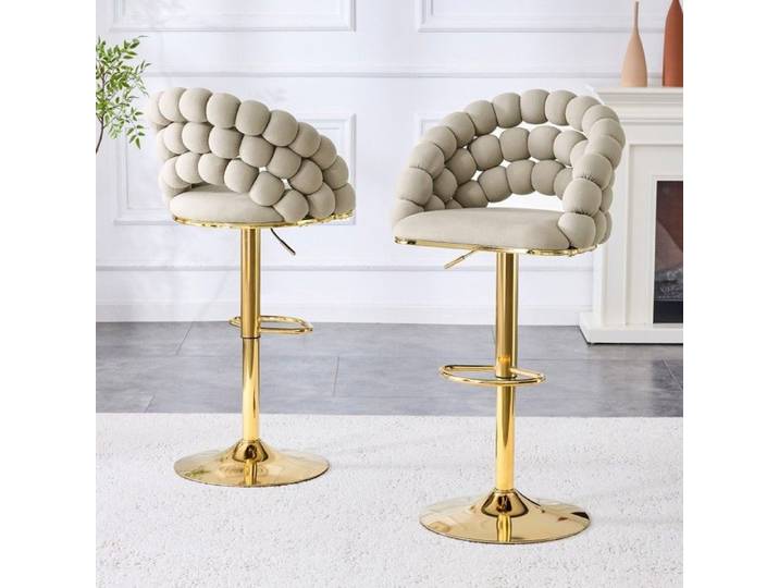 Tabourets De Bar Velours Gris Lot De 2 45x52x112cm – Dossier Chaînette Structure Réglable Plaqué Or Élégants Bar/Cuisine