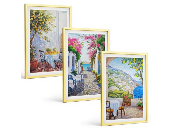 BILDER SET 3er Set - 40x60 cm Goldrahmen - Charmante Straßen, Pflanzen, Meer