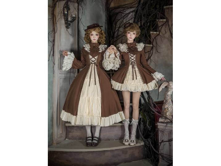 Lettres et poèmes · Casse-noisette boîte avec dentelle Puji col montant manches trompette Op robe jumeaux automne Lolita rétro fille robe