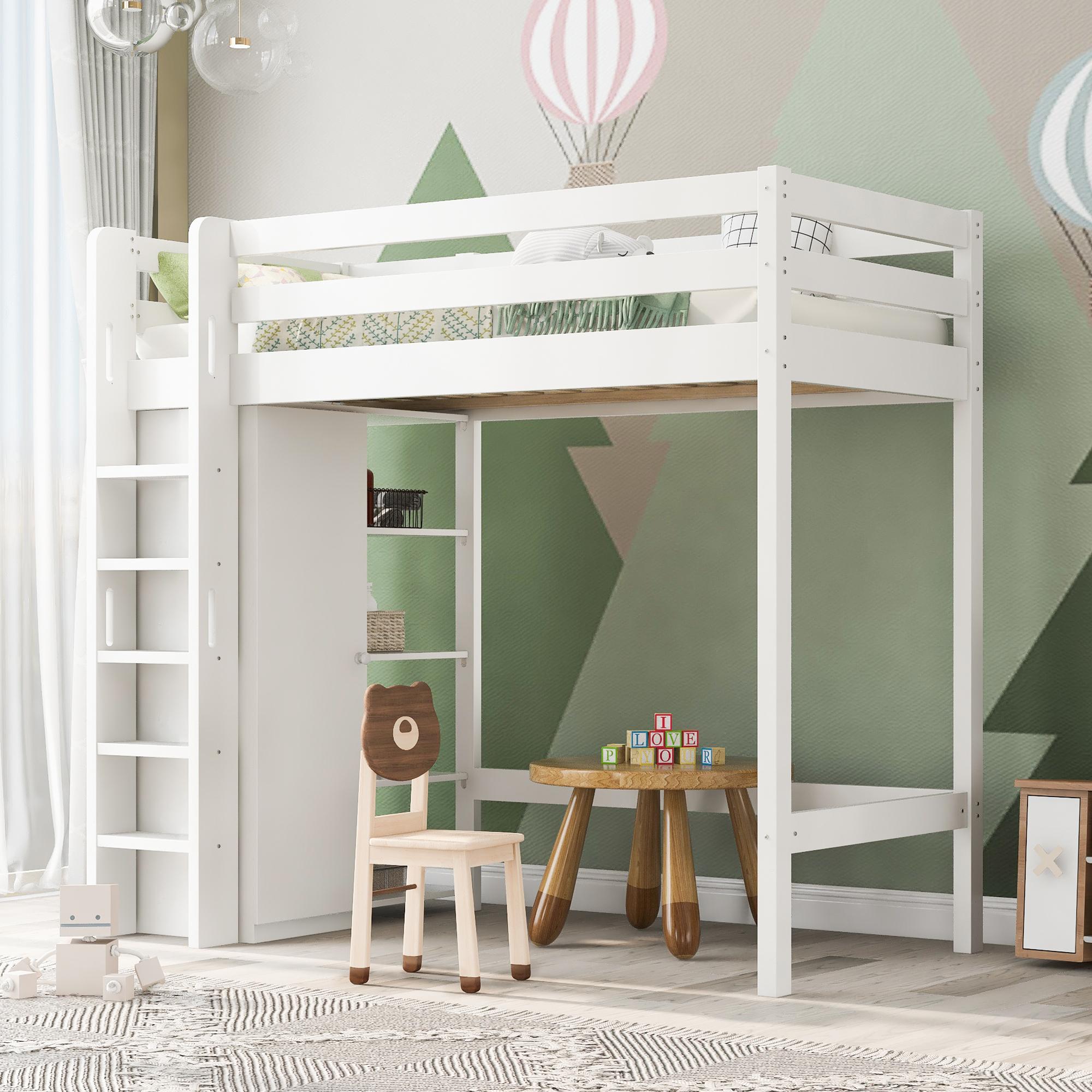 Merax Kinderbett Hochbett 90x200cm mit Kleiderschrank und 6 Regalen, Etagenbett mit Lattenrost, EN 747-1:2024 , stabil & langlebig, Weiß